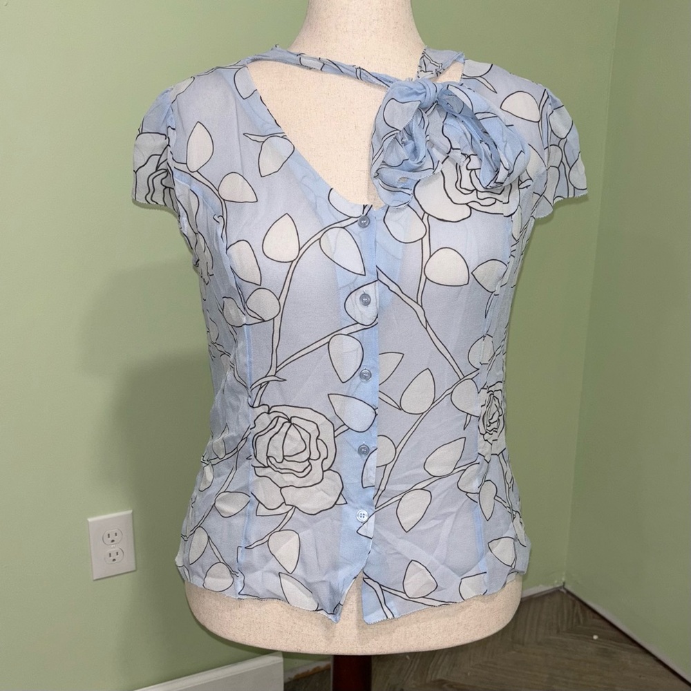 Apostrophe 100% Silk Blue Floral Button Down Tie Neck Blouse Women’s Sz 18